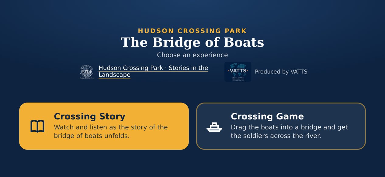 The Bridge of Boats main menu: choose between Crossing Story and Crossing Game, with Hudson Crossing Park and VATTS logos.